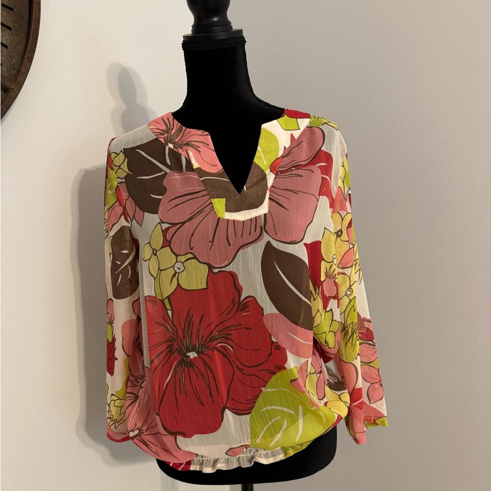 Chico's Red and Brown Graphic 3/4 Sleeve Blouse